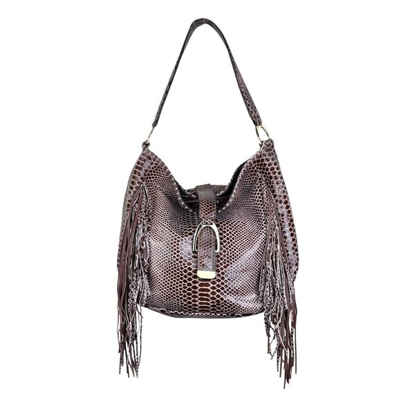 GILI NEW Brown Genuine Leather Textured Croc Reptile Fringe Shoulder Bag Purse - Picture 1 of 13